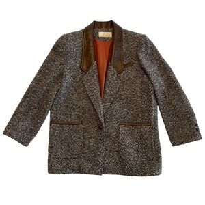 Lilly Fashion Women's Vintage 80s Tweed Faux Leather Dark Academia Blazer Size M